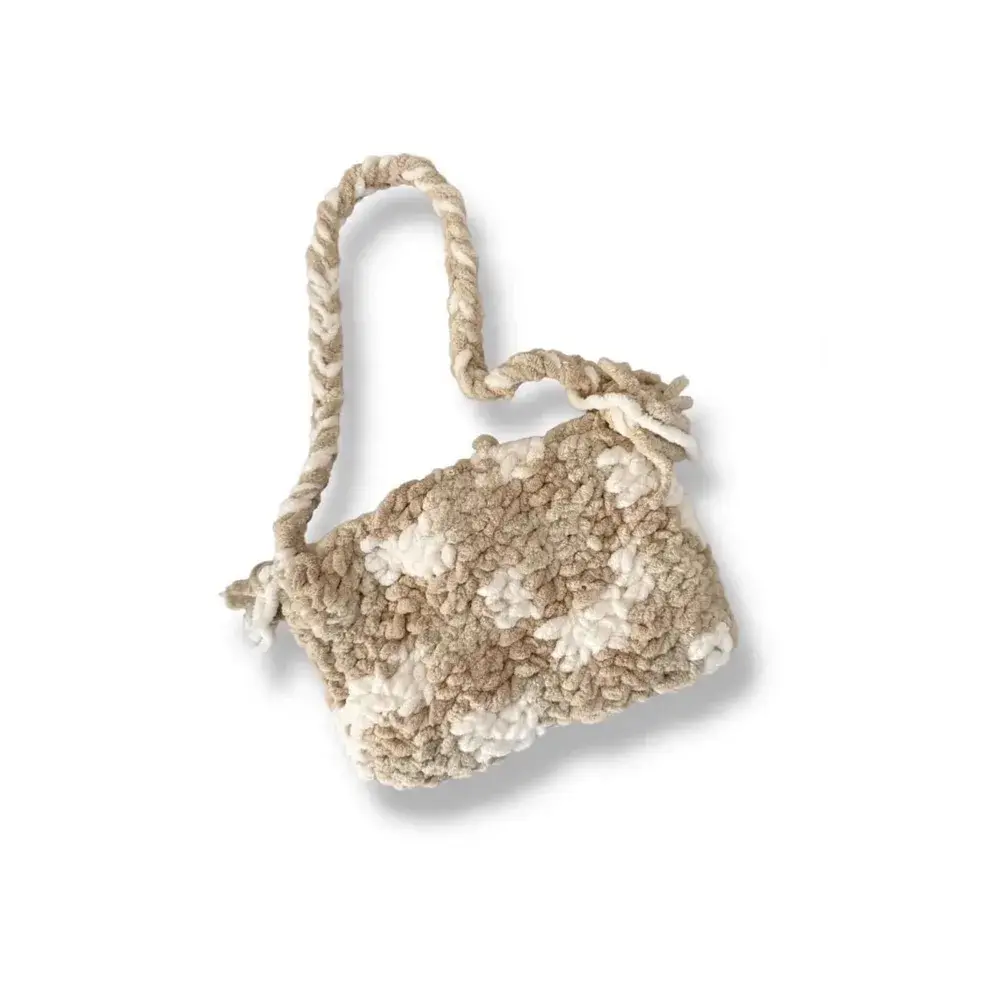 Mini borsa all’uncinetto sabbia e bianca